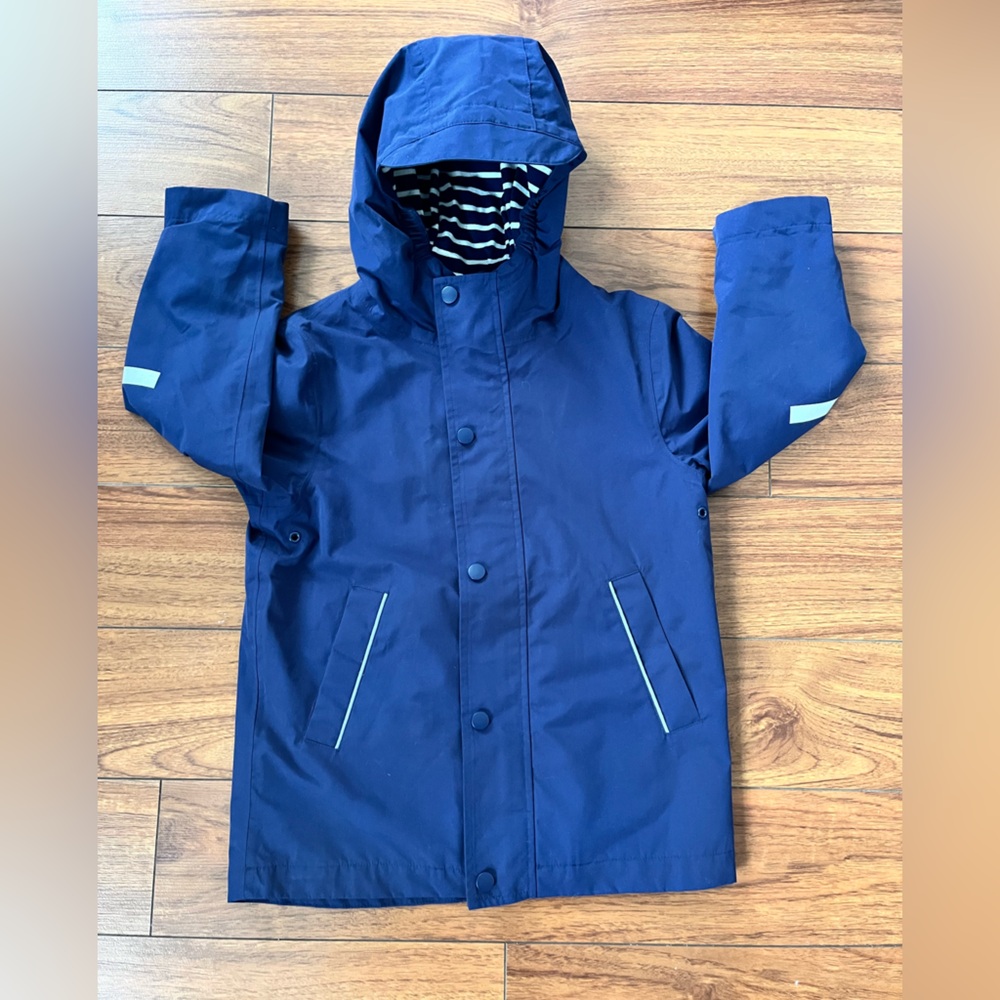Mini Boden Navy and White Striped Jacket. 100% Waterproof